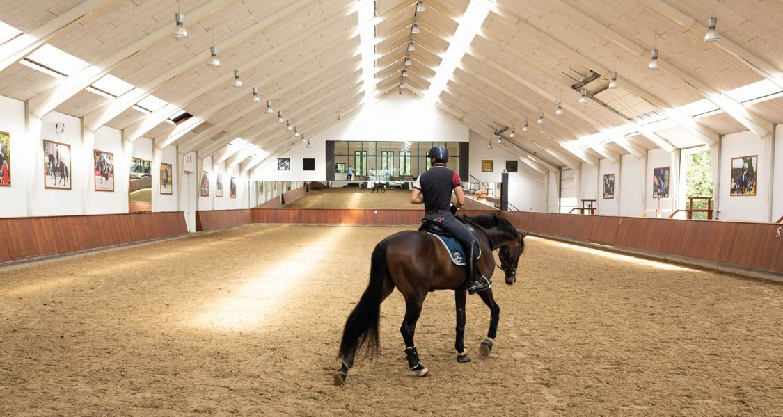 Rider riding a horse in an arena with wood barriers finished using Rubio Monocoat.