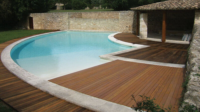 A pool deck finished with exterior wood oil.
