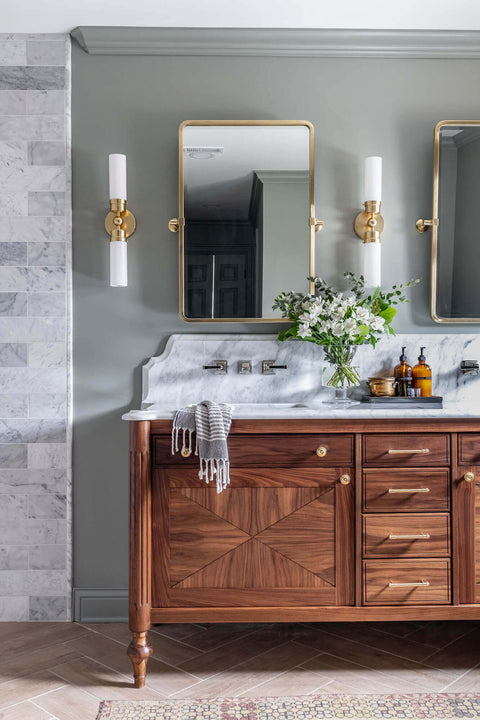 Complete black walnut bathroom vanity with brass hardware designed and built by Jen Woodhouse.