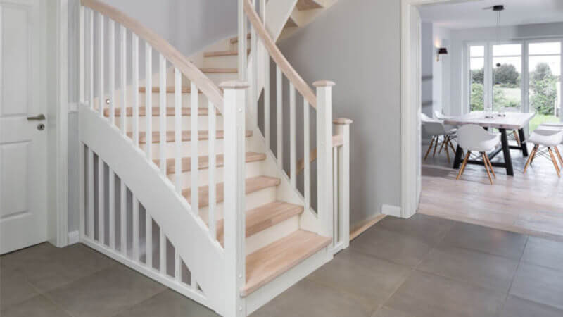 A light stair case finished with Rubio Monocoat Oil Plus 2C hardwax oil wood finish.
