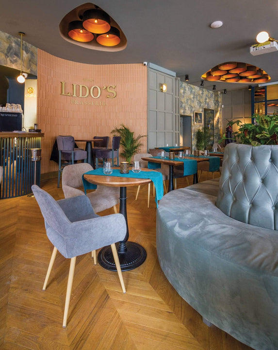 Chevron wood floors in a restaurant.