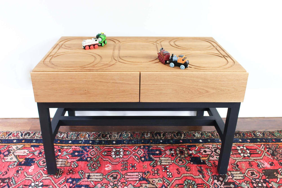 DIY wood toy train table finished with toy safe wood finish.