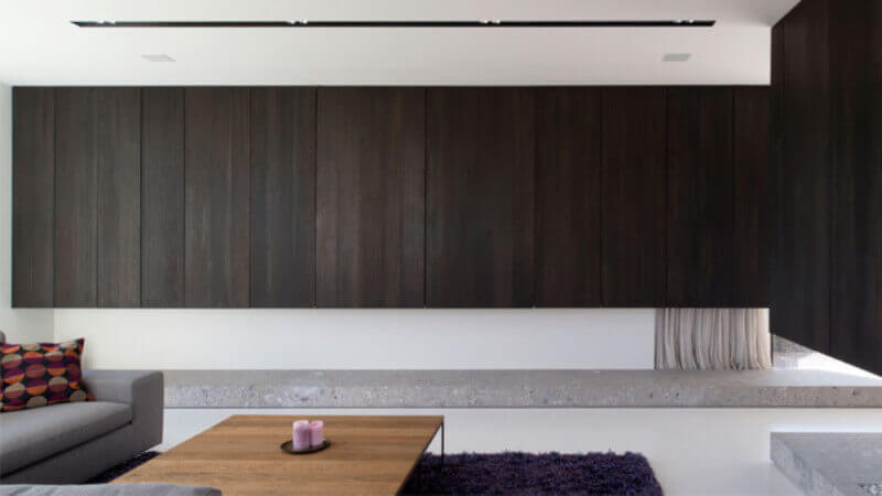 Dark wood modern cabinets in a modern living room.