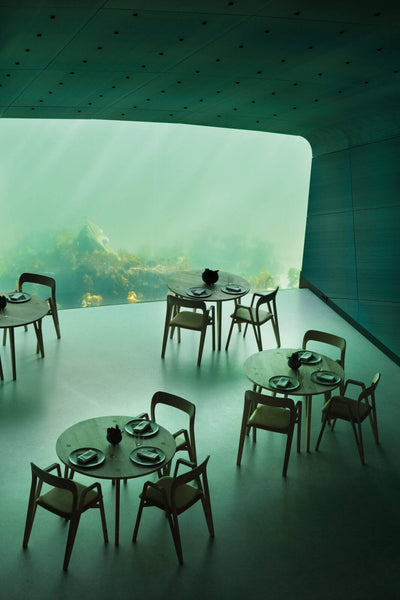 A dining room with a large glass window underwater looking into the lake.