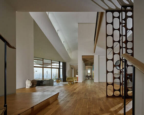 Entryway with hardwood flooring, modern decor, and tall ceilings.
