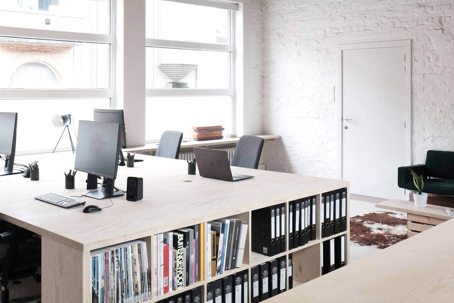 Open office space with plywood bookshelves and desk.