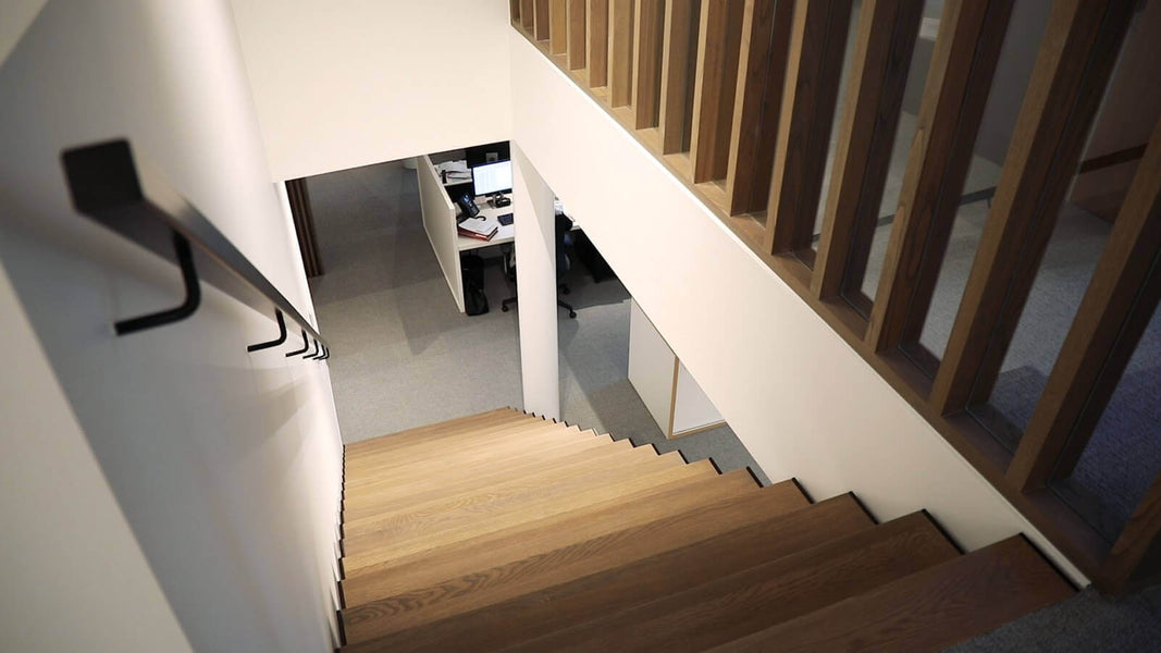 Stairs in office with oak wood treads.