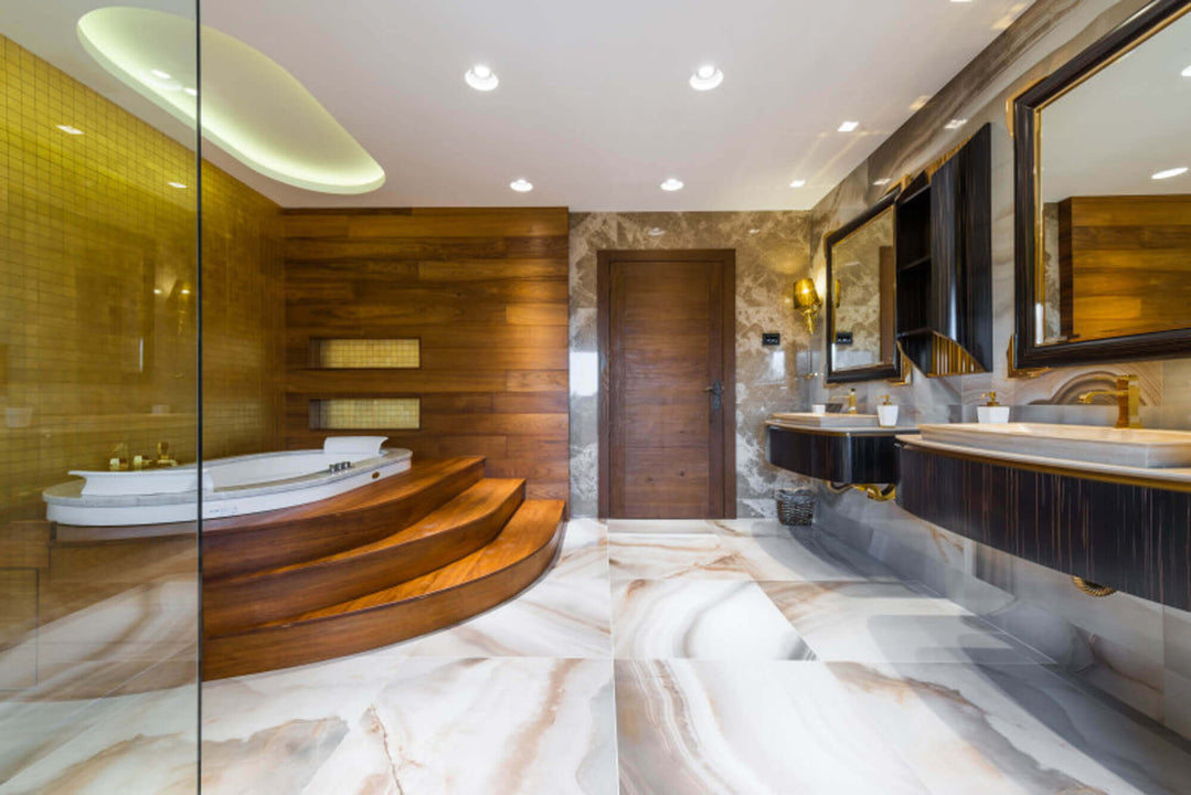 Bathroom with wooden walls and steps finished with Rubio Monocoat.