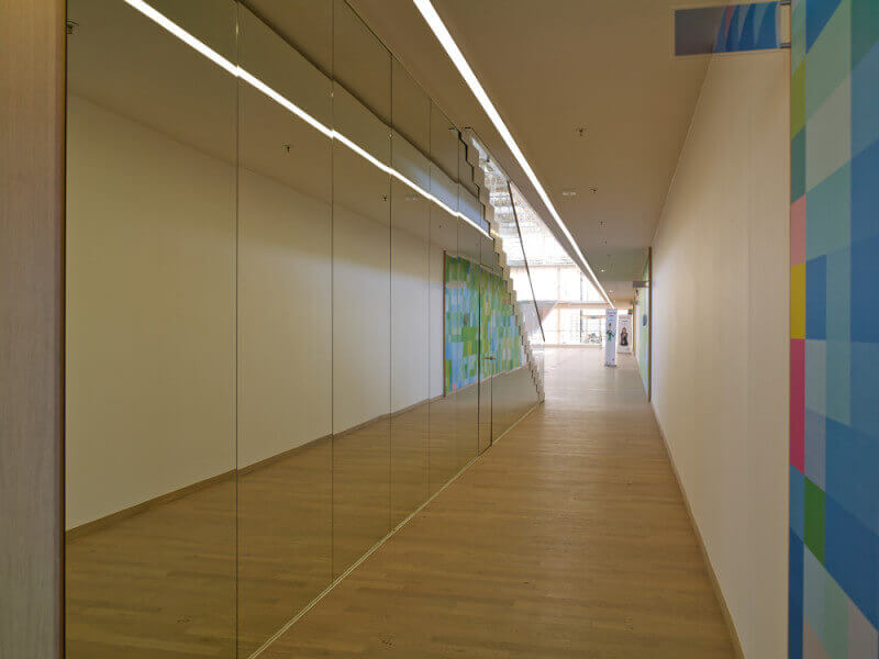 Hallway with wood flooring and mirrors on the wall.