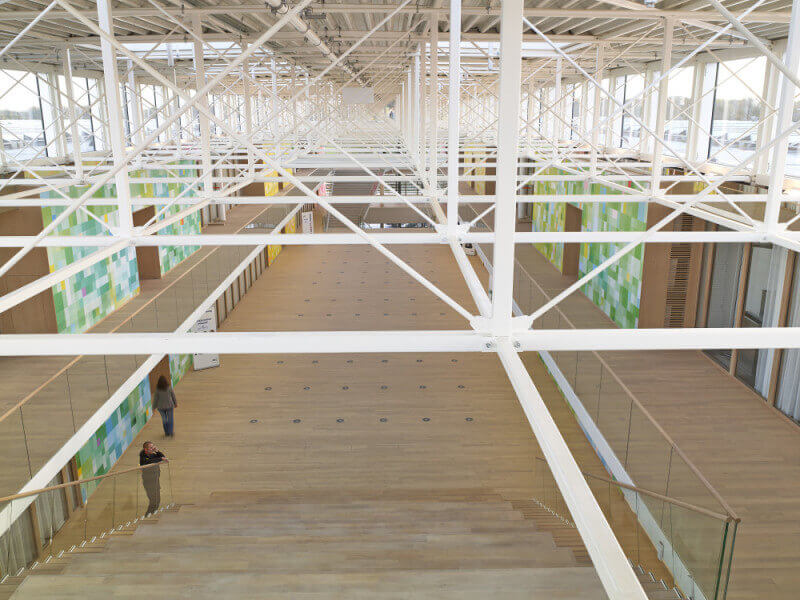 Natural wood flooring in an open office area.