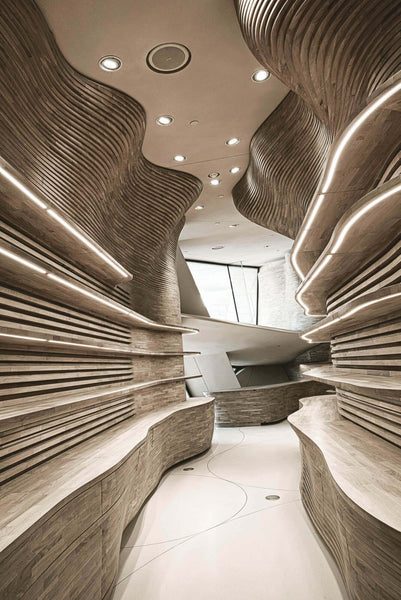 A walkway that has curved wood in it.