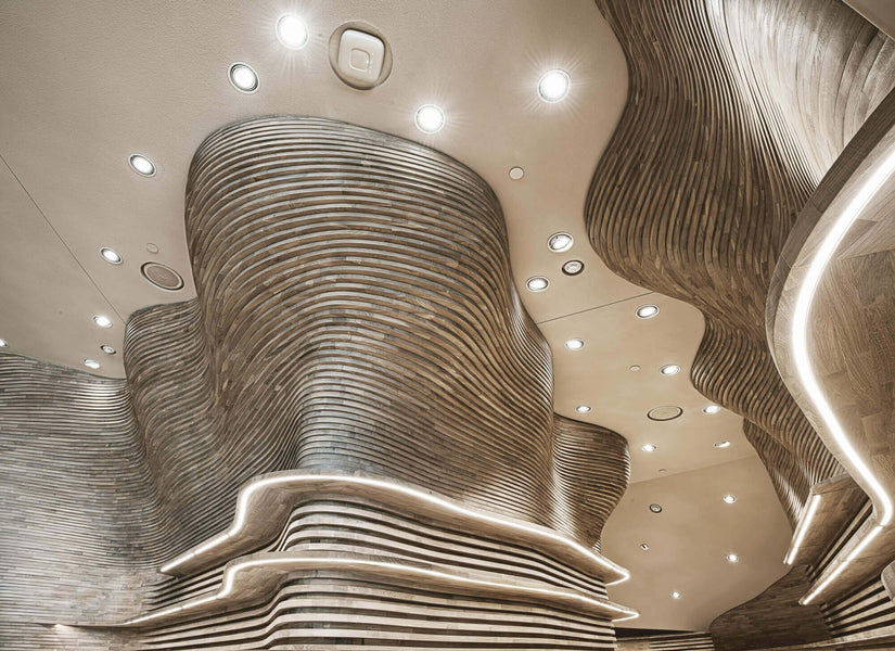 Individual wood pieces contouring a curving room.