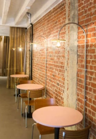 Pink tables in a restaurant.