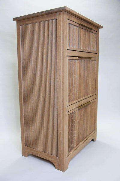 Corner view of a white oak reeded storage dresser finished with Rubio Monocoat Oil Plus 2C hardwax oil finish.