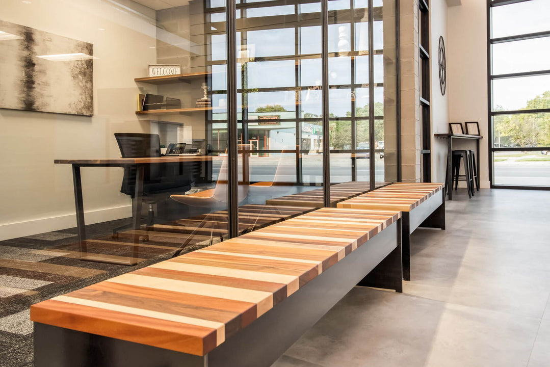 Multi-species benches made from walnut, cherry, and maple finished with Rubio Monocoat Oil Plus 2C Pure.