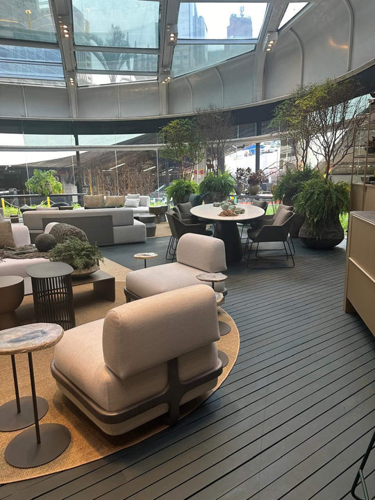 Cumaru wood decking in a home furnishing store finished with DuroGrit "Rubio Monocoat Green" exterior stain and sealer in one.