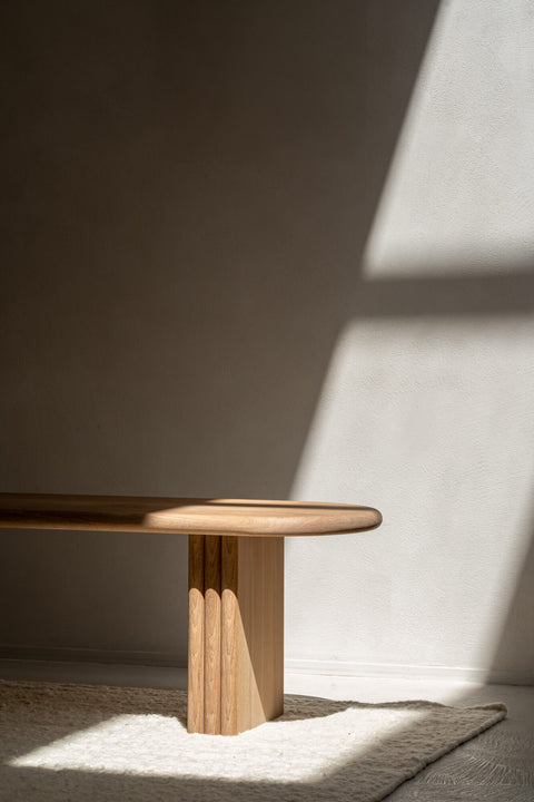 A handcrafted oak bench finished with Rubio Monocoat Oil Plus 2C hardwax oil wood stain and finish in one.