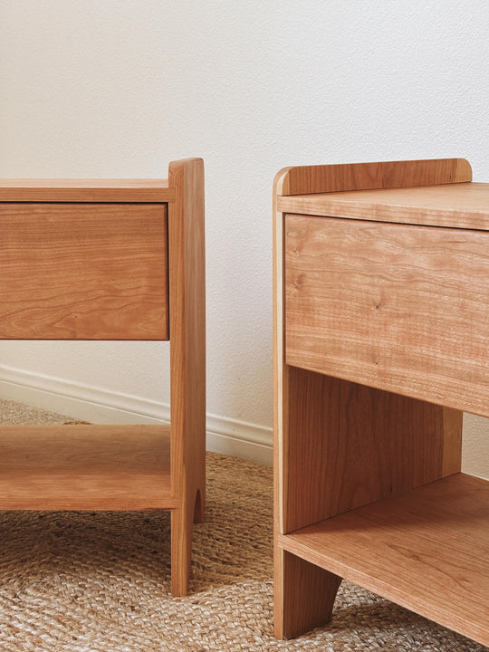 Solid cherry nightstand styled with a book on lower shelf and reed diffuser on top, Rubio Monocoat Oil Plus 2C hardwax oil finish