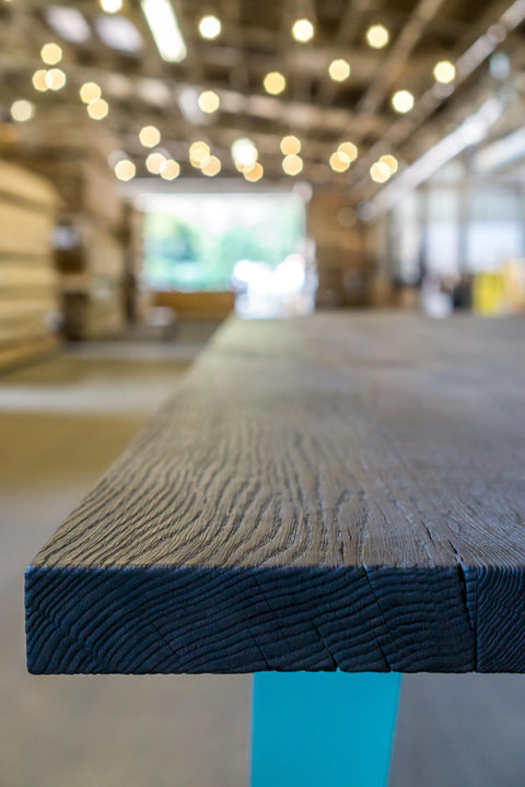 End grain on a charred white oak table.