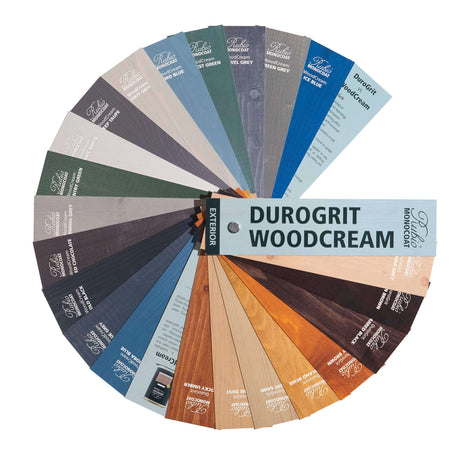 Rubio Monocoat DuroGrit and WoodCream Paper Fan Deck opened and showing the front