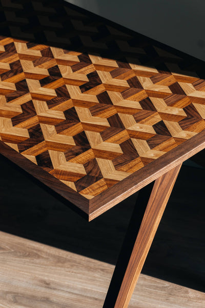 A geometric wood inlay finished with Rubio Monocoat Oil Plus 2C hardwax oil finish.