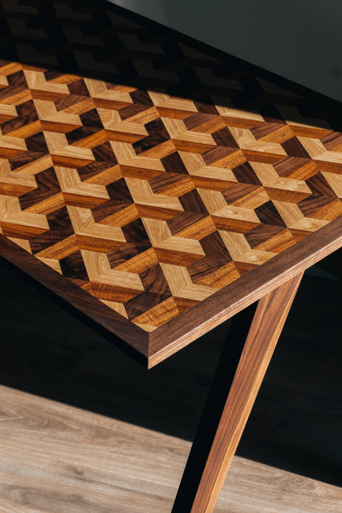 A geometric wood inlay finished with Rubio Monocoat Oil Plus 2C hardwax oil finish.