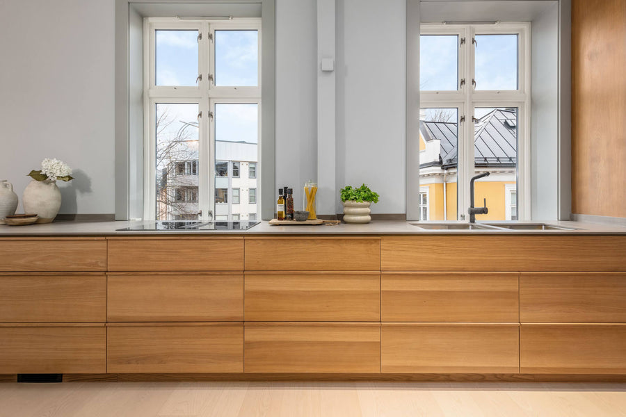 Lower kitchen cabinetry made from oak and finished with Rubio Monocoat Oil Plus 2C hardwax oil stain and finish.