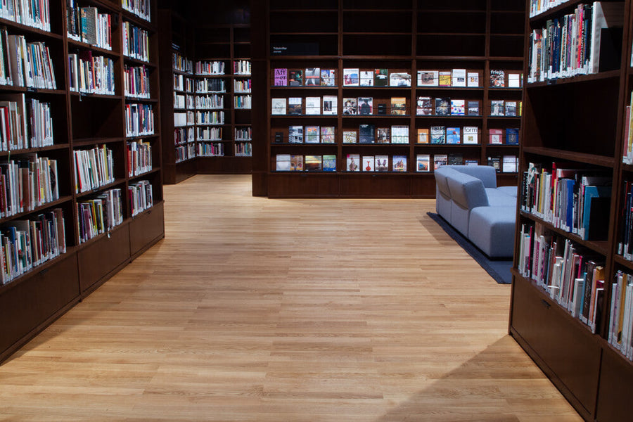 A library at the Norwegian National Museum in Oslo, Norway featuring light colored hardwood flooring finished with Oil Plus 2C hardwax oil finish.