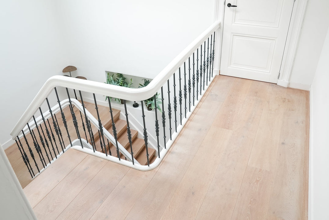 An oak staircase treated with Oil Plus 2C Cotton White