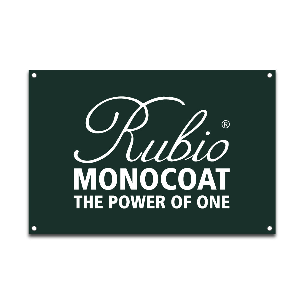 Banner with the Rubio Monocoat logo and "Power of One" tagline on a green background