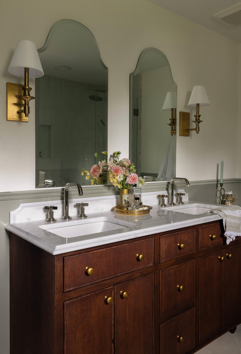 A white oak bathroom vanity finished with a custom mix of Oil Plus 2C colors.