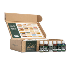 Open Rubio Monocoat Oil Plus 2C 20 mL sample set with color guide and bottles