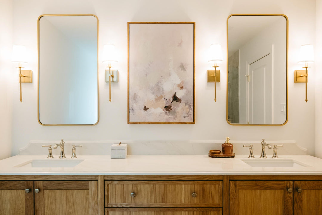 A modern traditional bathroom with a double vanity made from white oak and finished using Oil Plus 2C hardwax oil wood finish.