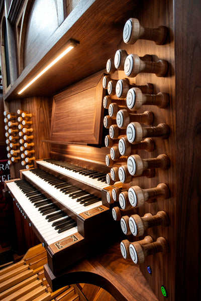 Hand crafted walnut organ knobs finished with Oil Plus 2C Pure.