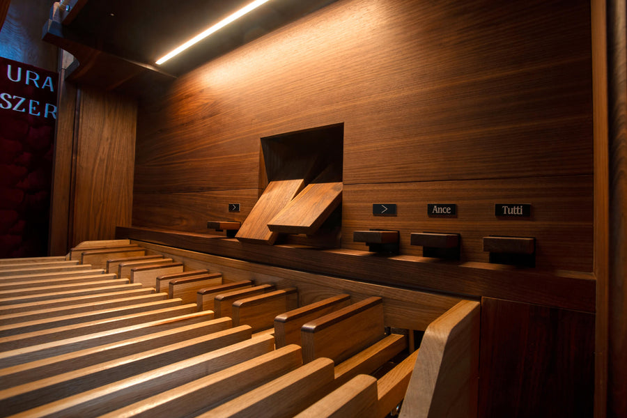 Components of an organ crafted from black walnut and European oak finished with Rubio Monocoat Oil Plus 2C "Pure".