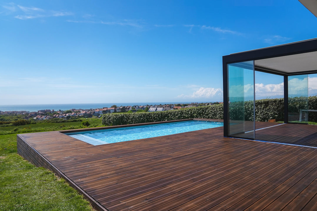 A terrace made from pine wood and finished using DuroGrit exterior wood finish located in France.