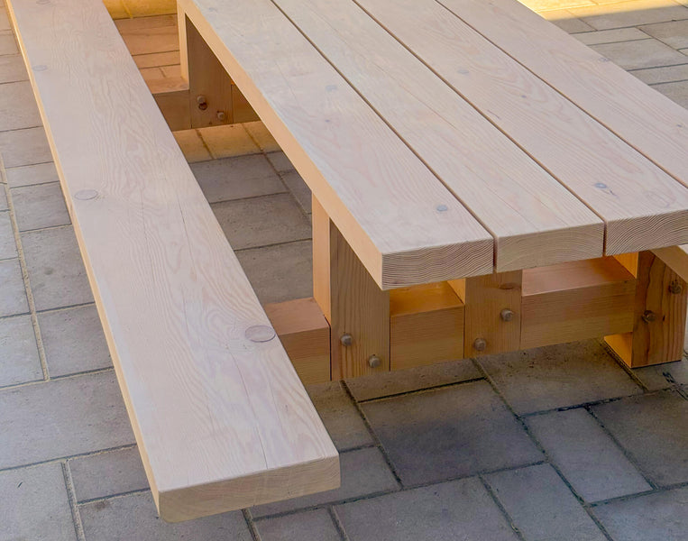 Top view of the Douglas Fir timbrframe table finished using Rubio Monocoat DuroGrit.