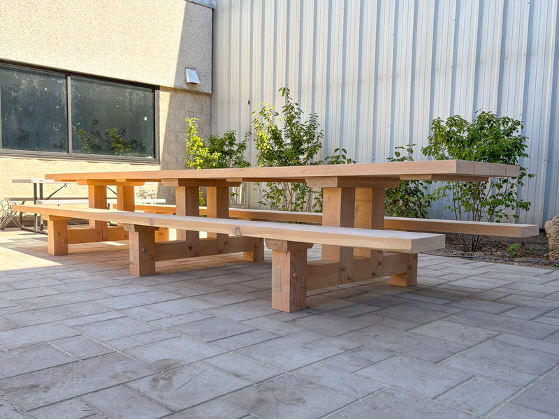 A Douglas Fir picnic table finished with Rubio Monocoat DuroGrit durable exterior wood stain and finish.