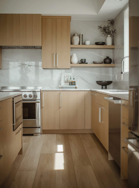 A modern, custom white oak kitchen finished with Rubio Monocoat Oil Plus 2C hardwax oil wood finish.
