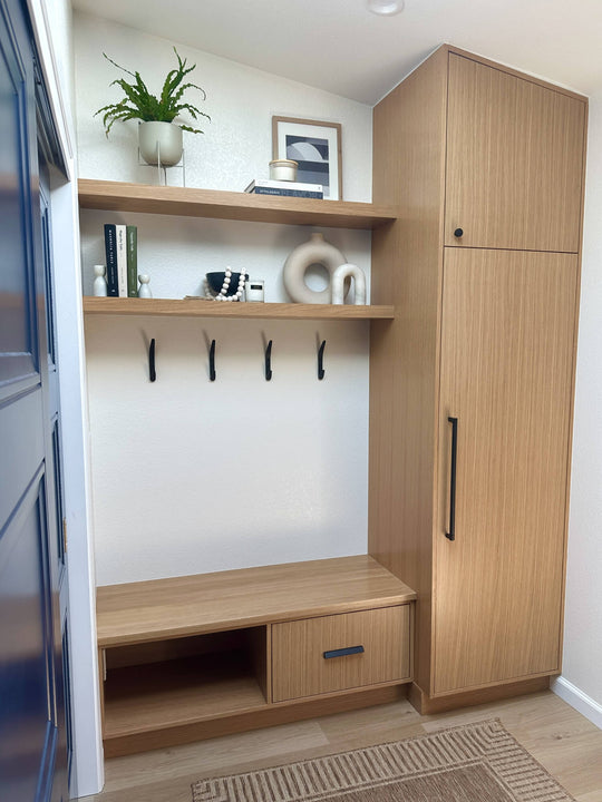 Modern white oak cabinetry for a mudroom finished with Oil Plus 2C "Dunes" hardwax oil wood finish and the sheen enhanced with SheenPlus.