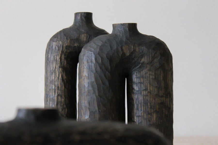 Two wooden vases finished with Rubio Monocoat hardwax oil wood finish.