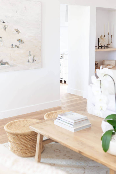 Light and airy living room with a natural wood coffee table