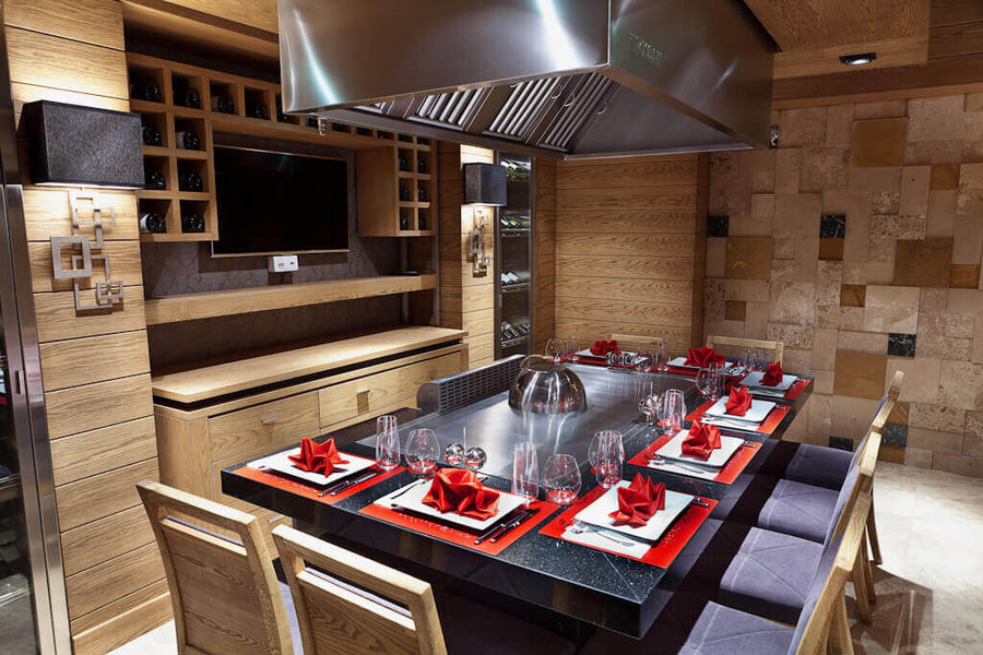 Wood wall paneling finished with a matte wax oil on it in an asian restaurant.