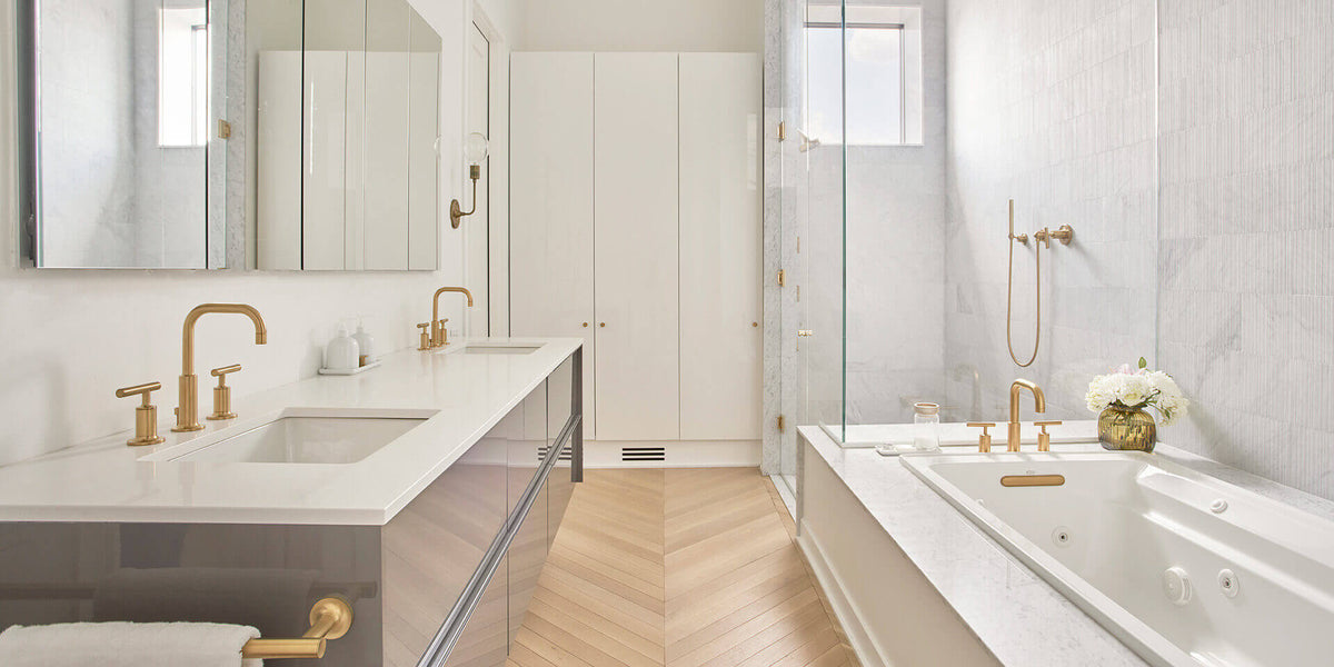 Beautiful bathroom with hardwood floors finished with Rubio Monocoat products.