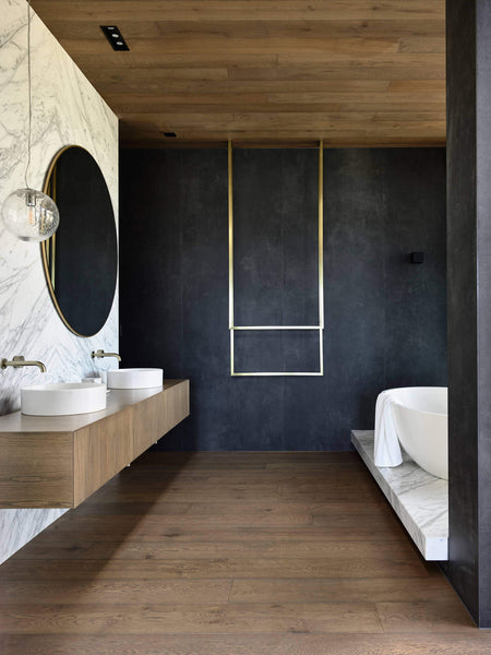 An interior bathroom with french oak flooring finished with Rubio Monocoat products.