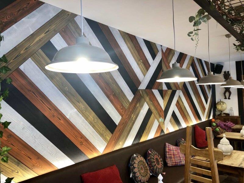 Unique wooden wall design finished with Rubio Monocoat Oil Plus 2C.