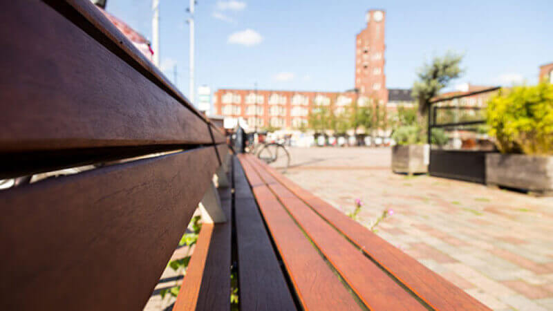 Rubio Monocoat Hybrid Wood Protector on a public park bench.