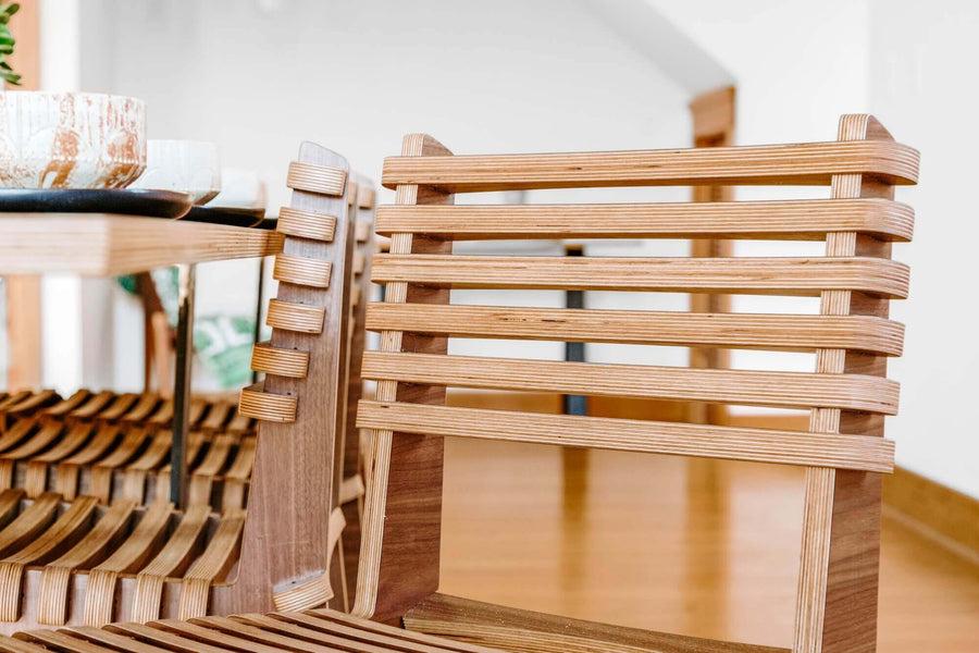 Responsibly sourced wood chairs with environmentally friendly wood finish on them.