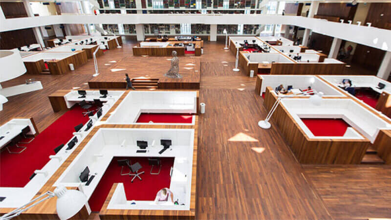 Overview of Erasmus University study hall featuring walnut finished with Rubio Monocoat Oil Plus 2C.