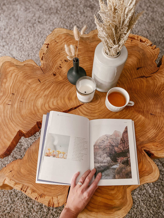 Decorated live edge cedar cookie coffee table